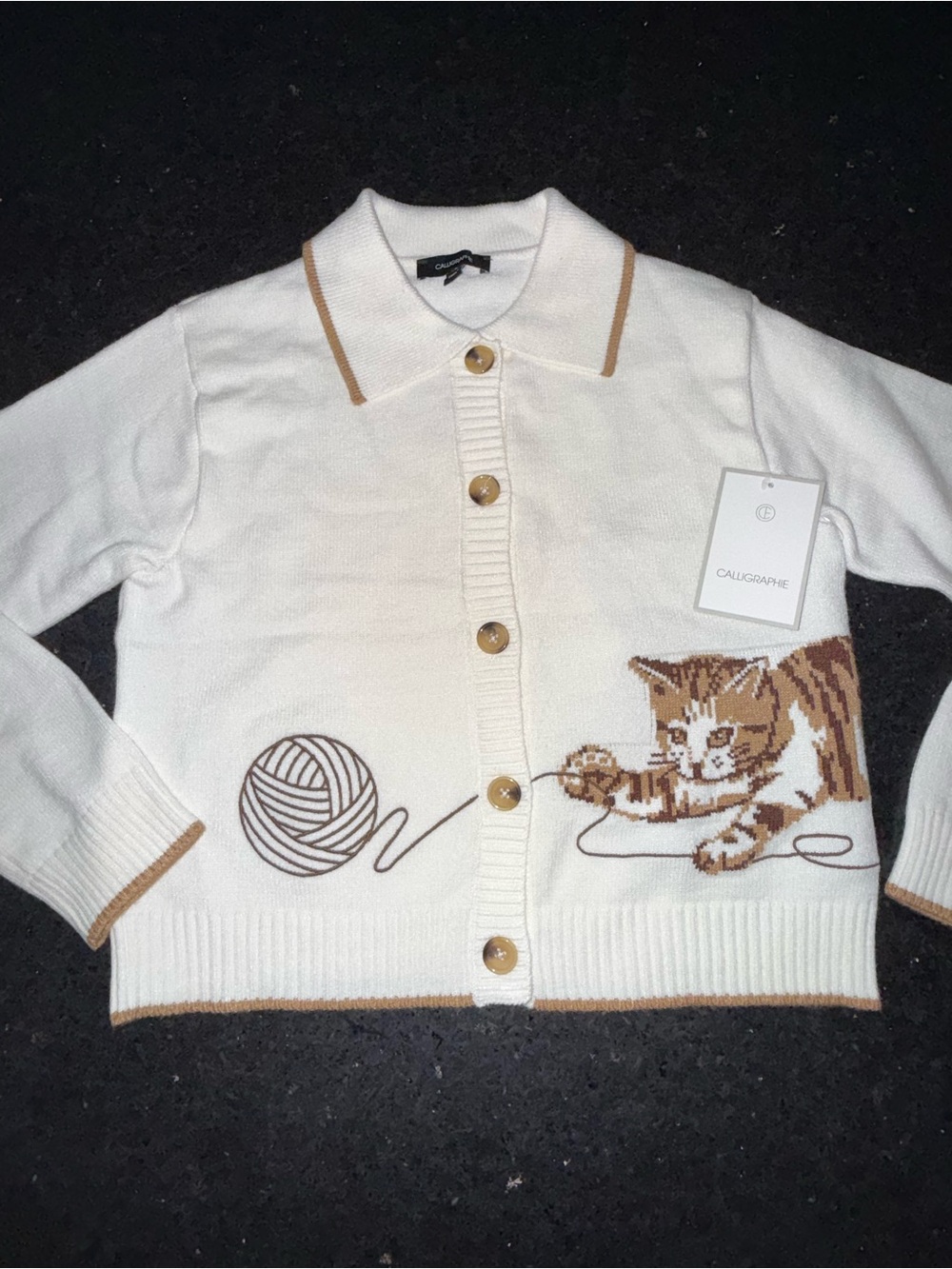 Calligraphie Playful Tabby Cat & Yarn Ball Button-Down Knit Cardigan Sweater S